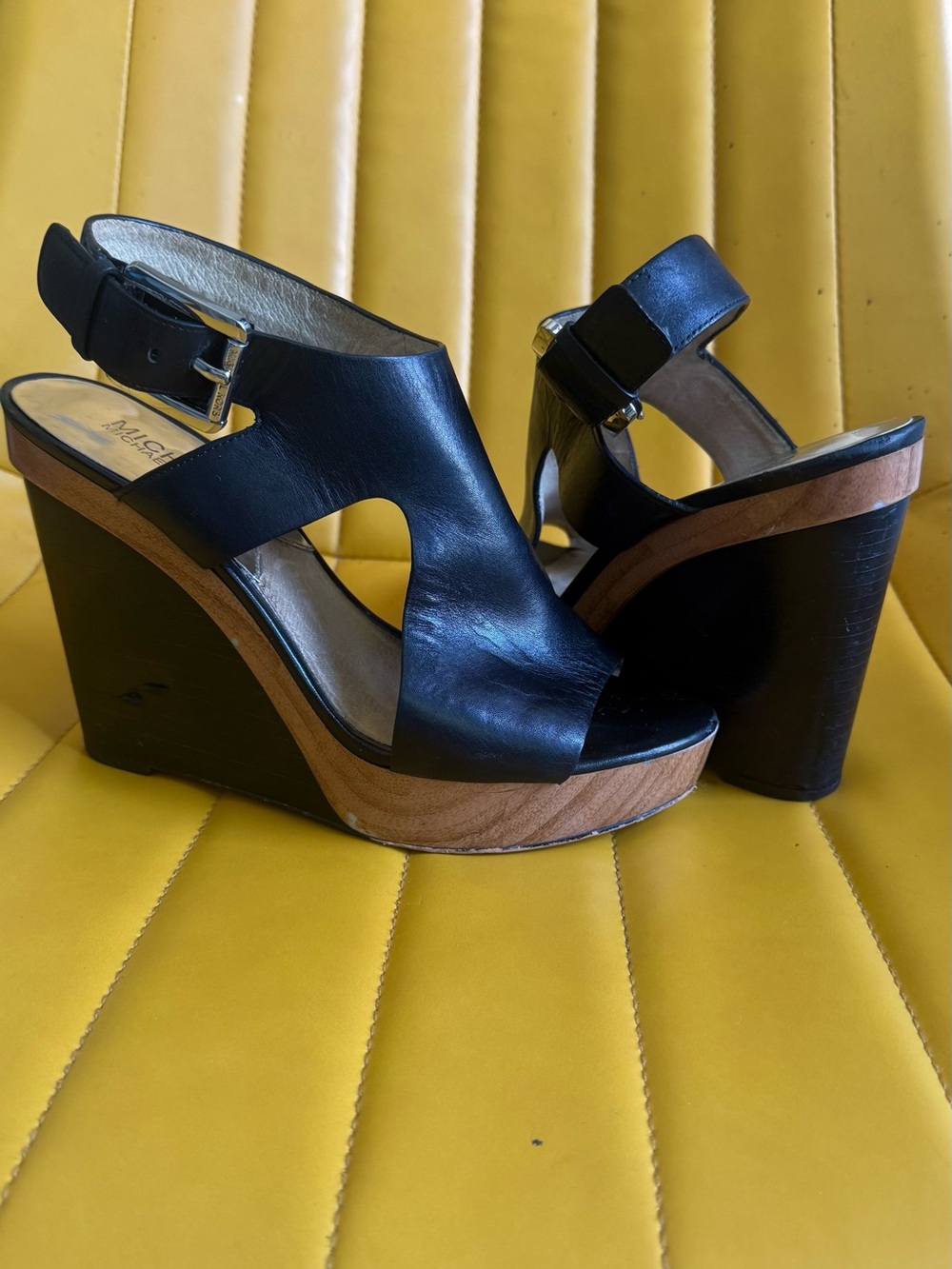 MICHAEL Michael Kors Black Leather Wedge Sandals with Wood-Trim Platform